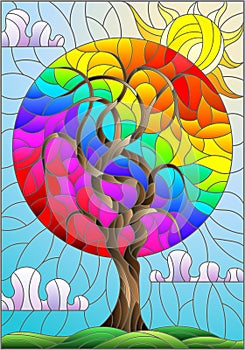 Stained glass illustration with an abstract round rainbow tree on a background of cloudy sky and sun