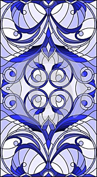 Stained glass illustration with abstract swirls,flowers and leaves on a light background,vertical orientation gamma blue