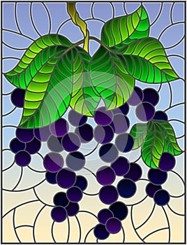 Stained glass illustration with black currants, clusters of ripe berries and leaves on a blue background