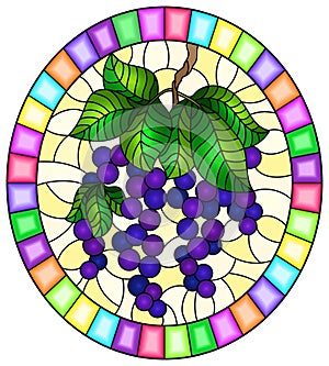 Stained glass illustration with  black currants, clusters of ripe berries and leaves on a yellow background, oval image in bright