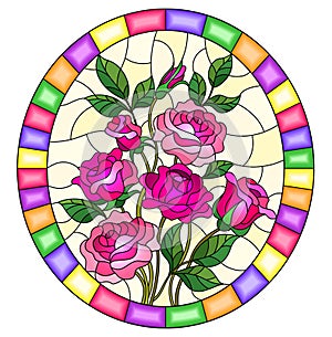 Stained glass illustration with a bouquet of pink roses on a yellow background in a bright frame,oval image