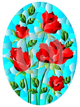 An illustration in stained glass style with a bouquet of red roses on a blue background