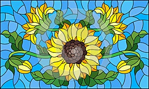 Stained glass illustration with  a bouquet of sunflowers, flowers,buds and leaves of the flower on blue background