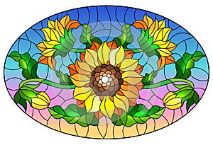 Stained glass illustration with a bouquet of sunflowers, flowers,buds and leaves of the flower on blue background, oval image