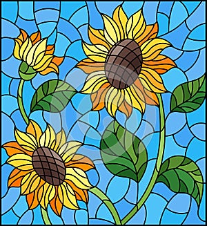 Stained glass illustration with a bouquet of sunflowers, flowers,buds and leaves of the flower on sky background