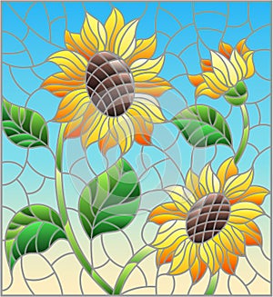 Stained glass illustration with a bouquet of sunflowers, flowers,buds and leaves of the flower on sky background