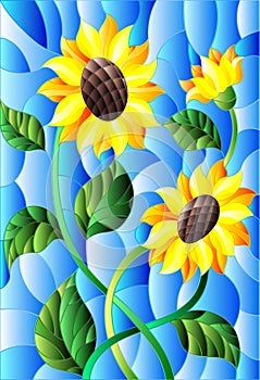 An illustration in stained glass style with a bouquet of sunflowers, flowers,buds and leaves of the flower on sky background