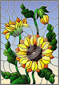 Stained glass illustration with a bouquet of sunflowers, flowers,buds and leaves of the flower on sky background