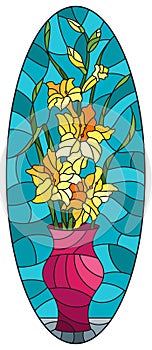 Stained glass illustration with  bouquets of gladioli in a pink vase on table on a blue background, oval image