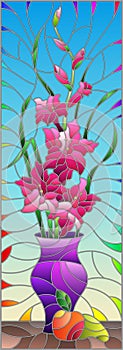 Stained glass illustration with bouquets of gladioli in a purple vase and fruits on table on a blue background