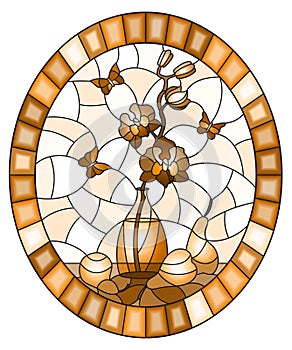 Stained glass illustration with bouquets of orchid in a vase,butterflies  and pears on table on light background, oval image in fr