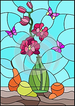 Stained glass illustration with bouquets of pink orchid in a green vase,butterflies and pears on table on blue background