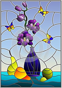 Stained glass illustration with bouquets of purple orchid in a blue vase,butterflies and pears on table on blue background