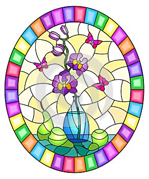 Stained glass illustration with  bouquets of purple orchid   in a  vase,butterflies  and pears on table on yellow background, oval