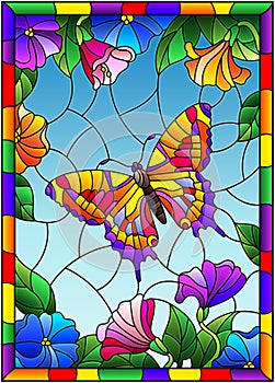 Stained glass illustration with a bright butterfly on a background of flowers and sky in a bright frame