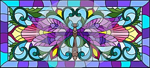 Stained glass illustration with bright dragonfly and floral ornament on a light background in a frame