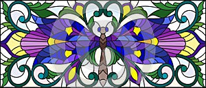 Stained glass illustration with bright dragonfly and floral ornament on a light background