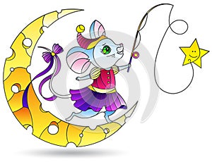 Illustration in stained glass style with a bright mouse with a fishing rod on the moon, isolated on a white background