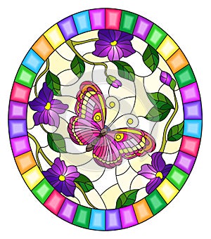 Stained glass illustration with  a bright pink  butterfly on a background of purple flowers  , oval image in bright frame