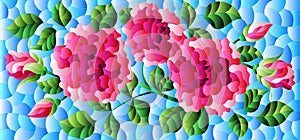 An illustration in stained glass style with a bright pink roses flowers on a blue background, rectangular image