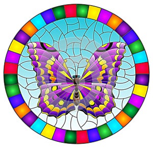 Stained glass illustration with  bright purple butterfly on blue background, oval picture in bright frame