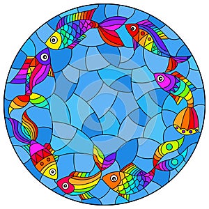 Stained glass illustration with  bright rainbow abstract fish on a blue background, round image