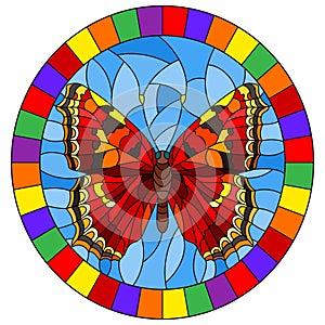 Stained glass illustration with bright red butterfly on a blue background, oval picture in a bright frame