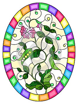 Stained glass illustration with Bush green peas, leaves, shoots, pods and flowers on a light background, oval picture in bright fr