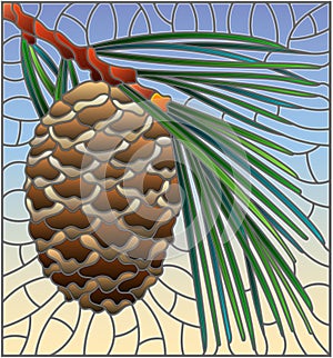 Stained glass illustration with cedar cone on a branch on a blue background