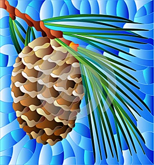 Stained glass illustration with  cedar cone on a branch on a blue background