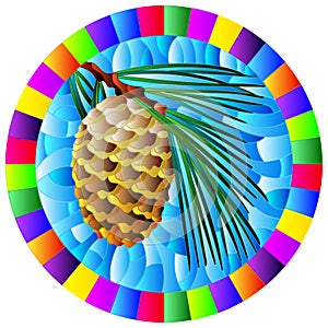 Stained glass illustration with  cedar cone on a branch on a blue background, round image in bright frame