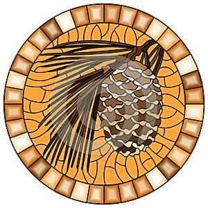 Stained glass illustration with  cedar cone on a branch , round image in frame, tone brown