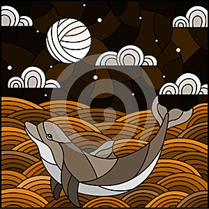 An illustration in stained glass style dolphin into the waves, starry sky,moon and clouds, square image