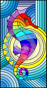 Stained glass illustration with fabulous abstract fish seahorse, rainbow fish on blue background