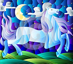 An illustration in stained glass style with fabulous horse galloping on green meadow on the background of sky and sun