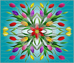 Stained glass illustration with  floral arrangement, colorful tulips on a blue background