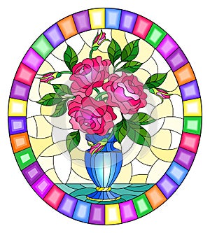 Stained glass illustration with  floral still life,  bouquet of pink  roses in a blue vase on a yellow  background,oval image in b