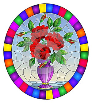 Stained glass illustration with floral still life,  bouquet of red  roses in a purple vase on a blue  background,oval image in bri