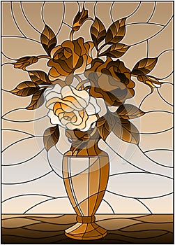 An illustration in stained glass style with floral still life,bouquet of roses in a vase, tone brown