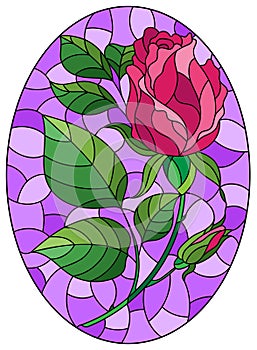 Stained glass illustration with  flower of pink rose on a purple background, oval image