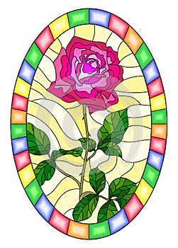 Stained glass illustration with flower of pink rose on a yellow background in a bright frame,oval image