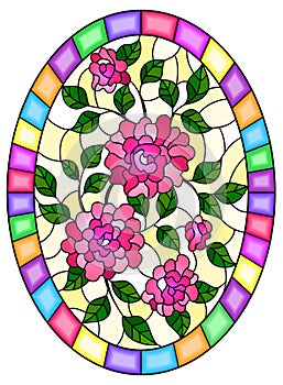 Stained glass illustration with pink roses on a yellow background in a bright frame,oval  image