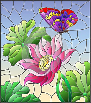 Stained glass illustration with flowers, buds and leaves of a pink Lotus and a butterfly on a blue sky background