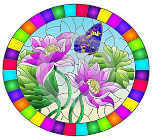 Stained glass illustration with flowers, buds and leaves of a pink Lotus and a butterfly on a blue sky background, oval image in b