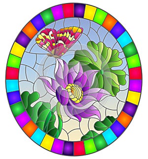 Stained glass illustration with  flowers, buds and leaves of a purple Lotus and a butterfly on a blue sky background, oval image i