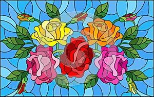 Stained glass illustration with  flowers, buds and leaves of  roses on a blue background