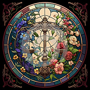 Illustration in stained glass style with flowers and lamp on a dark background