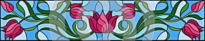 Stained glass illustration with flowers, leaves and buds of pink tulips on a blue background, symmetrical image, horizontal orien