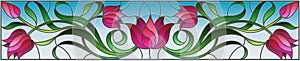 Stained glass illustration with flowers, leaves and buds of pink tulips on a blue background, symmetrical image, horizontal orien