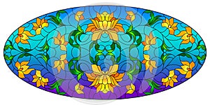 Stained glass illustration with intertwined orange flowers and leaves on blue background, horizontal orientation,oval image